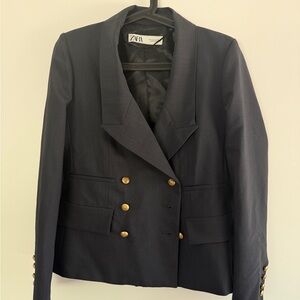 Zara Women's Navy Blazer with Gold Buttons